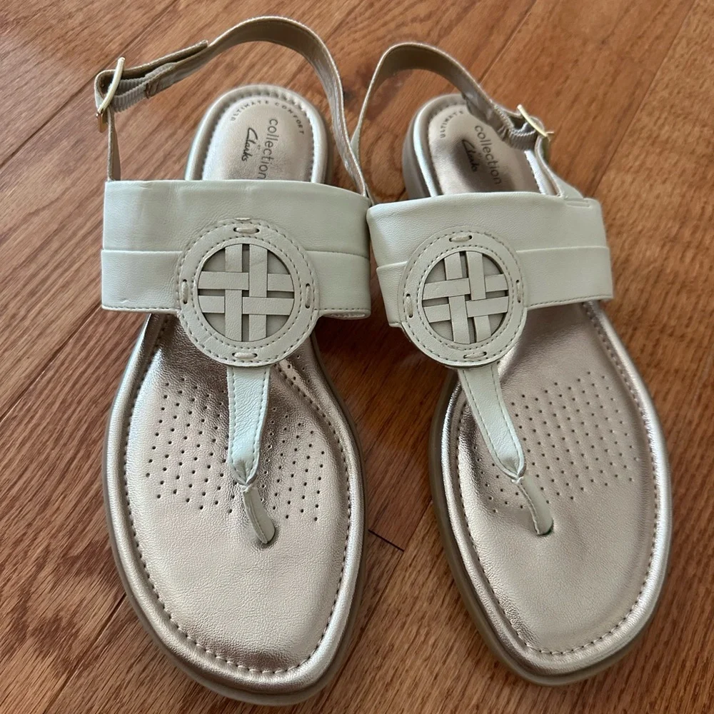 New Clarks Reyna Glam Slingback Medallion Thong Sandals Synthetic Leather, 10M